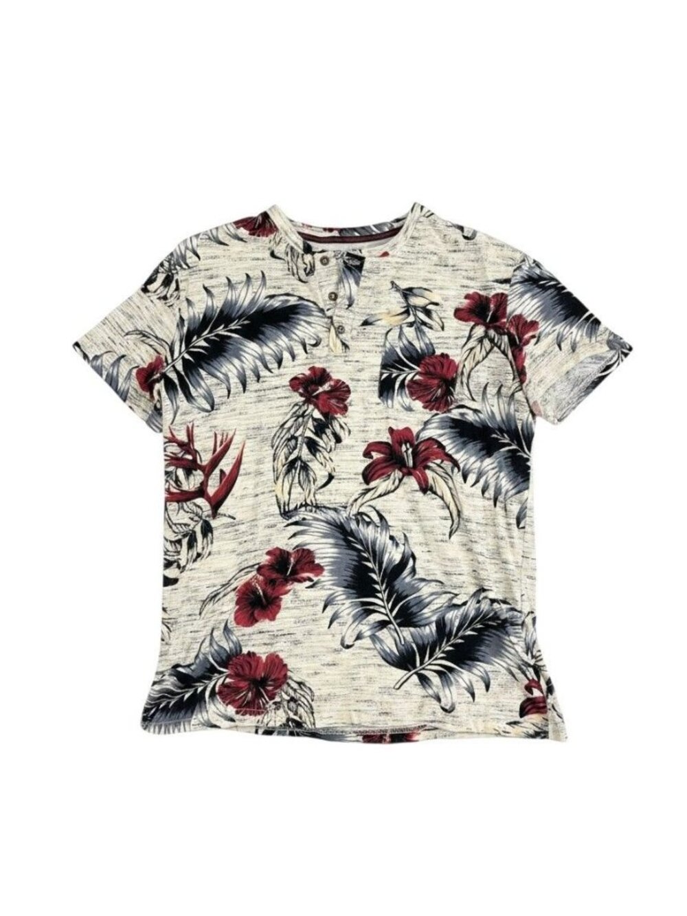 Voyage Mens Floral Henley Tee Short Sleeve M Beige Red & Black Tropical Print
